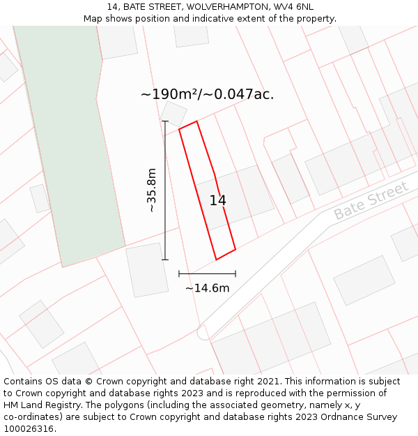 14, BATE STREET, WOLVERHAMPTON, WV4 6NL: Plot and title map