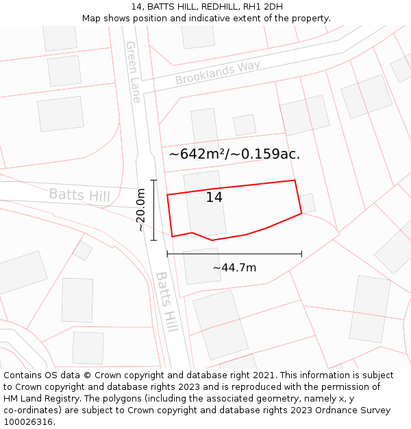 14, BATTS HILL, REDHILL, RH1 2DH: Plot and title map