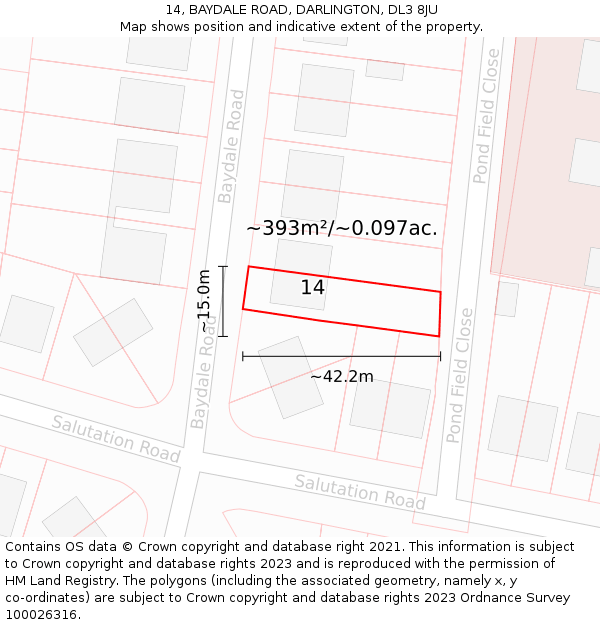 14, BAYDALE ROAD, DARLINGTON, DL3 8JU: Plot and title map