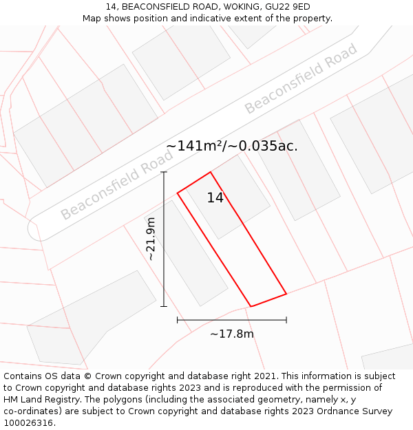 14, BEACONSFIELD ROAD, WOKING, GU22 9ED: Plot and title map