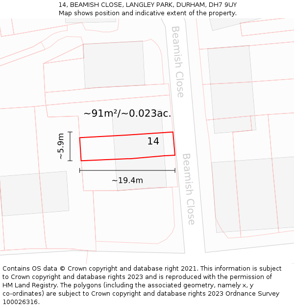 14, BEAMISH CLOSE, LANGLEY PARK, DURHAM, DH7 9UY: Plot and title map