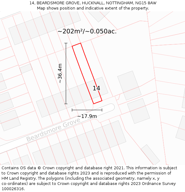 14, BEARDSMORE GROVE, HUCKNALL, NOTTINGHAM, NG15 8AW: Plot and title map