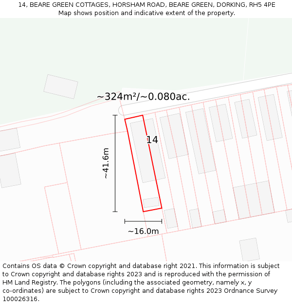 14, BEARE GREEN COTTAGES, HORSHAM ROAD, BEARE GREEN, DORKING, RH5 4PE: Plot and title map
