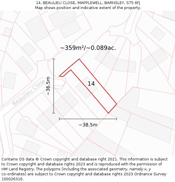 14, BEAULIEU CLOSE, MAPPLEWELL, BARNSLEY, S75 6FJ: Plot and title map