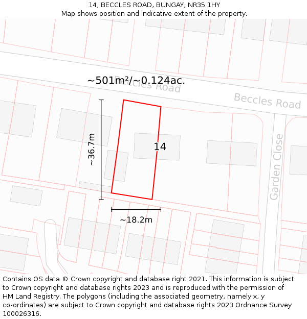 14, BECCLES ROAD, BUNGAY, NR35 1HY: Plot and title map