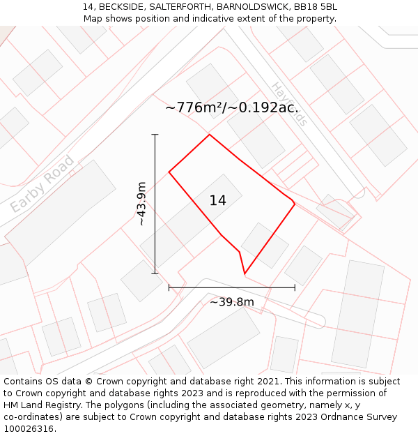 14, BECKSIDE, SALTERFORTH, BARNOLDSWICK, BB18 5BL: Plot and title map