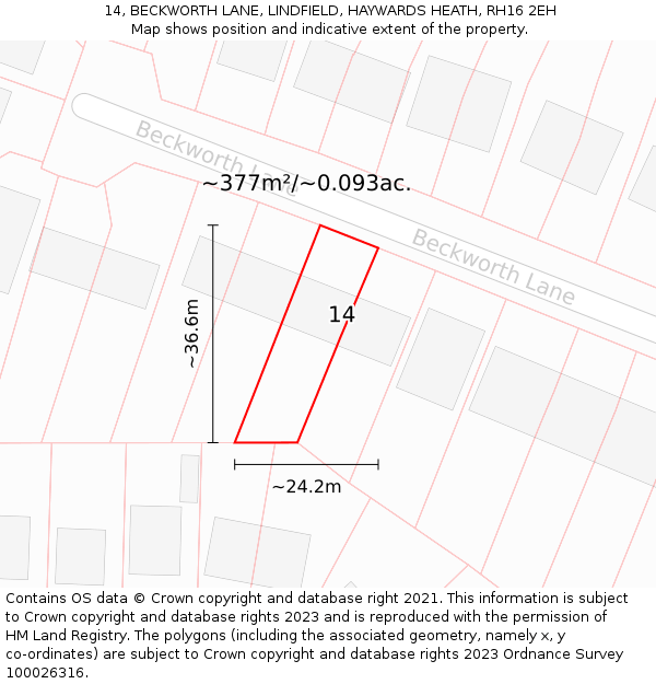 14, BECKWORTH LANE, LINDFIELD, HAYWARDS HEATH, RH16 2EH: Plot and title map