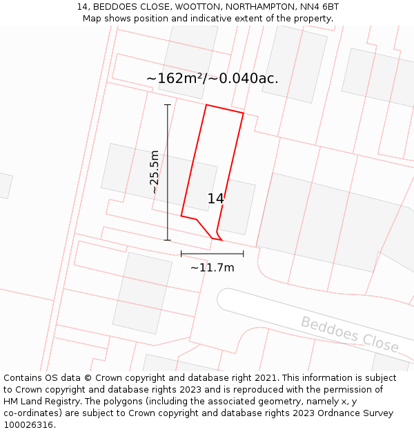 14, BEDDOES CLOSE, WOOTTON, NORTHAMPTON, NN4 6BT: Plot and title map