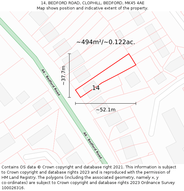 14, BEDFORD ROAD, CLOPHILL, BEDFORD, MK45 4AE: Plot and title map