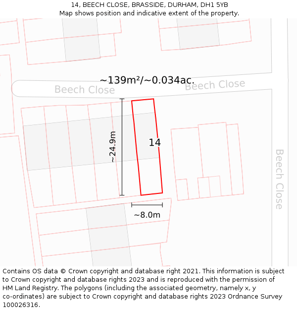 14, BEECH CLOSE, BRASSIDE, DURHAM, DH1 5YB: Plot and title map