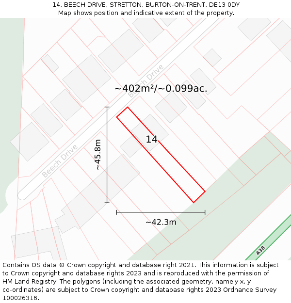14, BEECH DRIVE, STRETTON, BURTON-ON-TRENT, DE13 0DY: Plot and title map