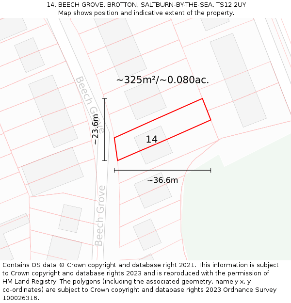 14, BEECH GROVE, BROTTON, SALTBURN-BY-THE-SEA, TS12 2UY: Plot and title map