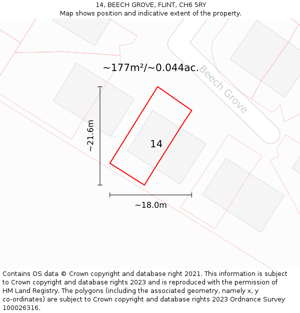 14, BEECH GROVE, FLINT, CH6 5RY: Plot and title map