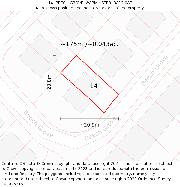 14, BEECH GROVE, WARMINSTER, BA12 0AB: Plot and title map