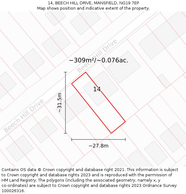 14, BEECH HILL DRIVE, MANSFIELD, NG19 7EP: Plot and title map