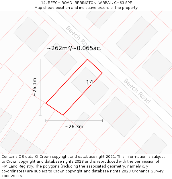 14, BEECH ROAD, BEBINGTON, WIRRAL, CH63 8PE: Plot and title map