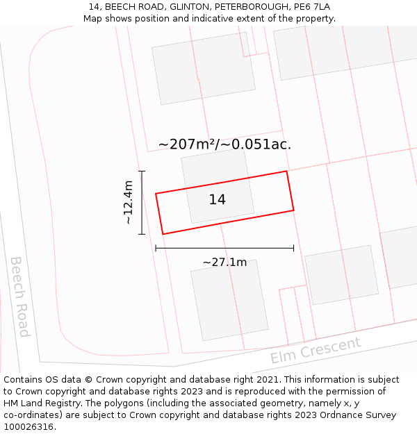 14, BEECH ROAD, GLINTON, PETERBOROUGH, PE6 7LA: Plot and title map