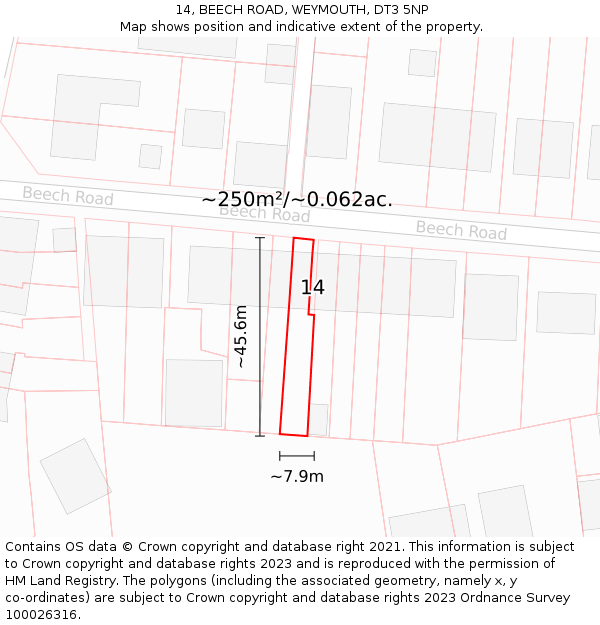 14, BEECH ROAD, WEYMOUTH, DT3 5NP: Plot and title map