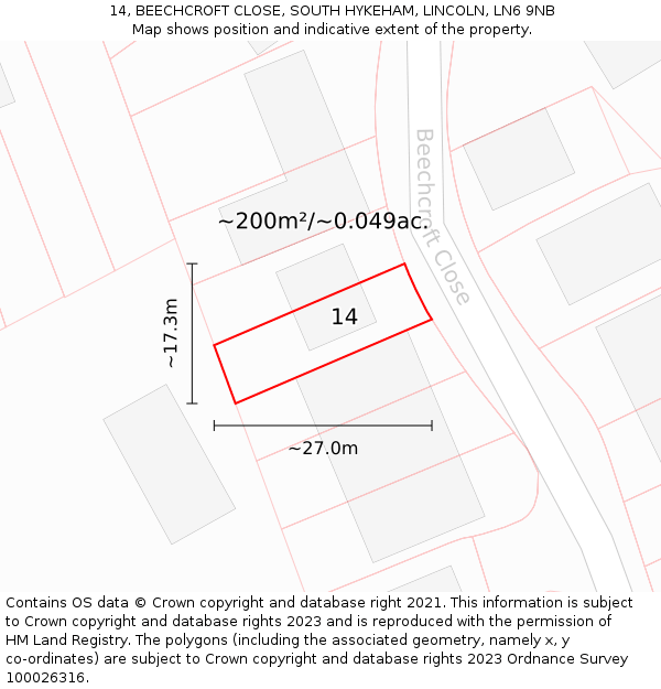 14, BEECHCROFT CLOSE, SOUTH HYKEHAM, LINCOLN, LN6 9NB: Plot and title map