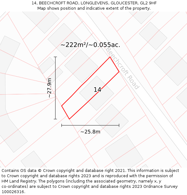 14, BEECHCROFT ROAD, LONGLEVENS, GLOUCESTER, GL2 9HF: Plot and title map