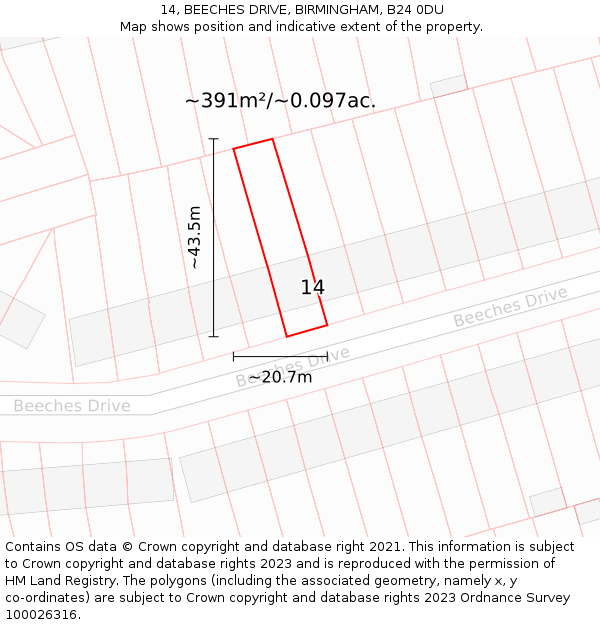14, BEECHES DRIVE, BIRMINGHAM, B24 0DU: Plot and title map