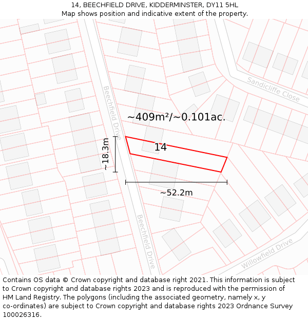 14, BEECHFIELD DRIVE, KIDDERMINSTER, DY11 5HL: Plot and title map