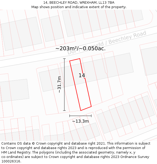 14, BEECHLEY ROAD, WREXHAM, LL13 7BA: Plot and title map
