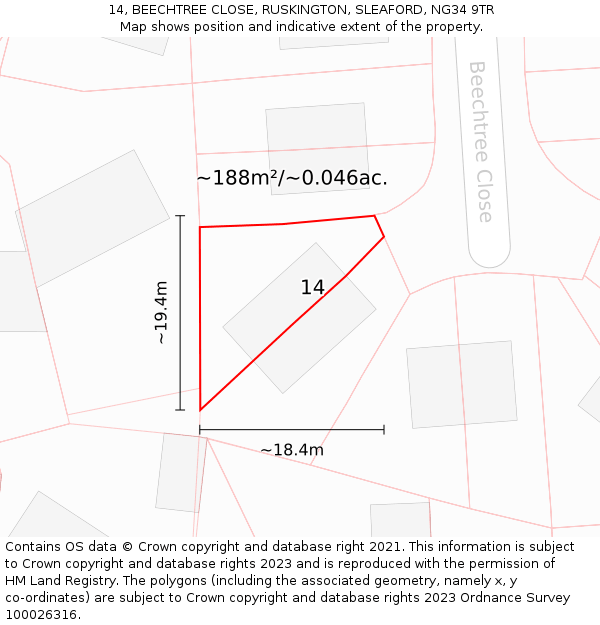 14, BEECHTREE CLOSE, RUSKINGTON, SLEAFORD, NG34 9TR: Plot and title map