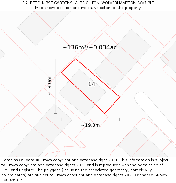 14, BEECHURST GARDENS, ALBRIGHTON, WOLVERHAMPTON, WV7 3LT: Plot and title map
