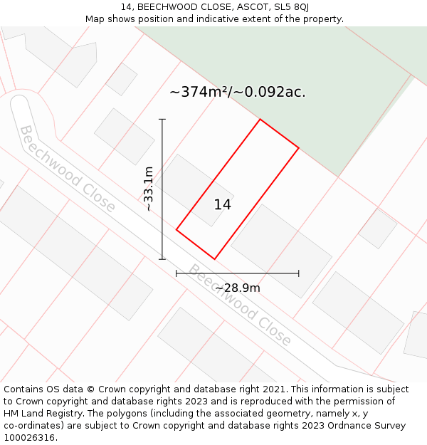 14, BEECHWOOD CLOSE, ASCOT, SL5 8QJ: Plot and title map