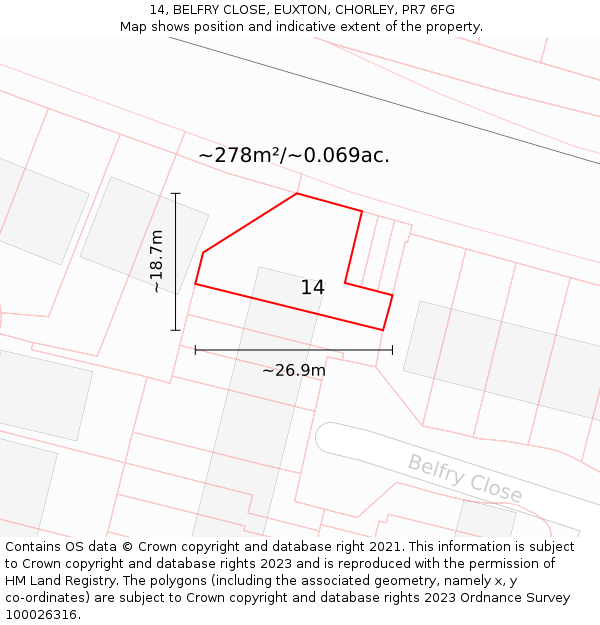 14, BELFRY CLOSE, EUXTON, CHORLEY, PR7 6FG: Plot and title map