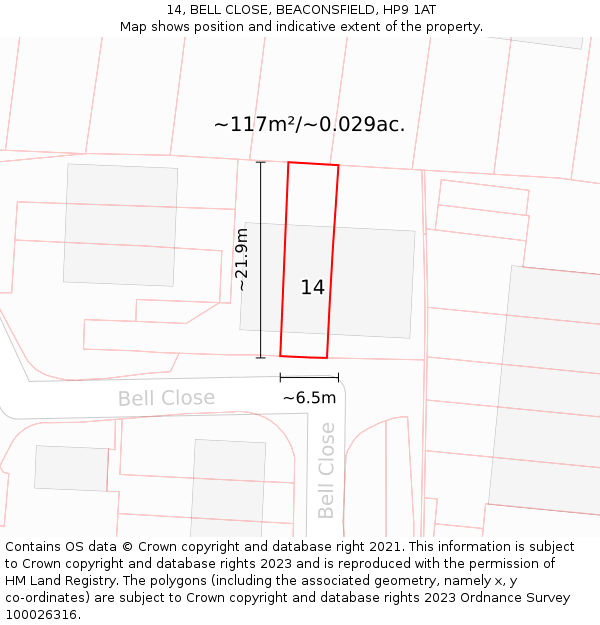 14, BELL CLOSE, BEACONSFIELD, HP9 1AT: Plot and title map