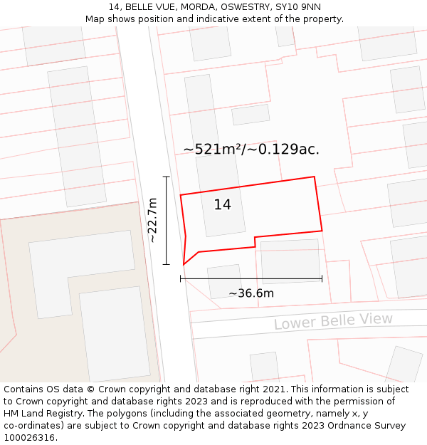 14, BELLE VUE, MORDA, OSWESTRY, SY10 9NN: Plot and title map