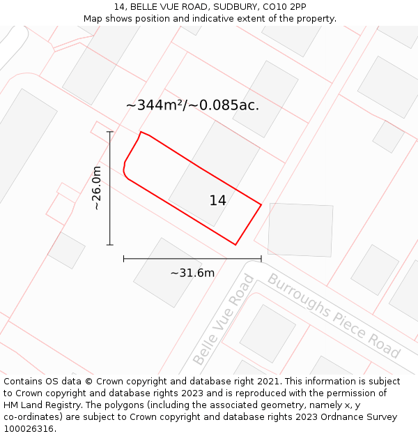 14, BELLE VUE ROAD, SUDBURY, CO10 2PP: Plot and title map
