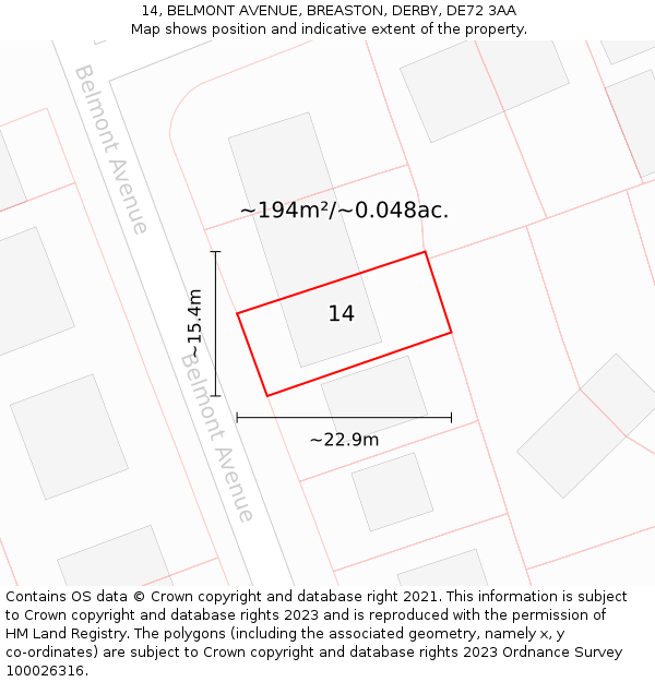 14, BELMONT AVENUE, BREASTON, DERBY, DE72 3AA: Plot and title map