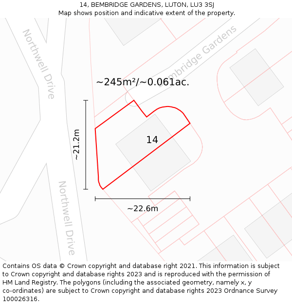 14, BEMBRIDGE GARDENS, LUTON, LU3 3SJ: Plot and title map