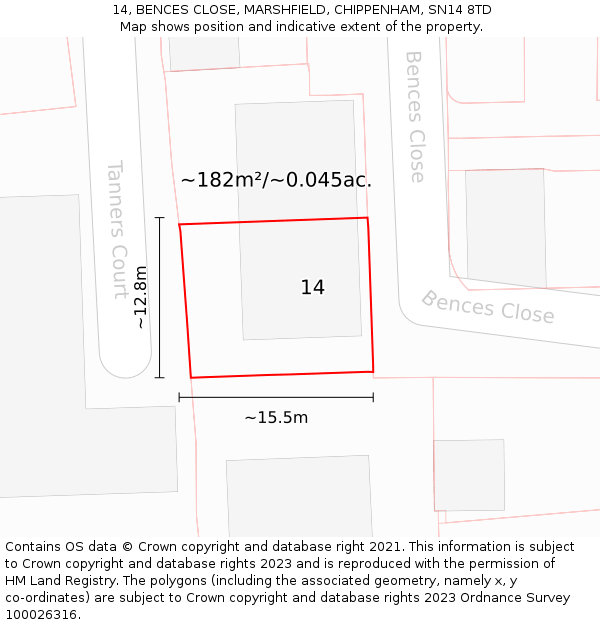 14, BENCES CLOSE, MARSHFIELD, CHIPPENHAM, SN14 8TD: Plot and title map
