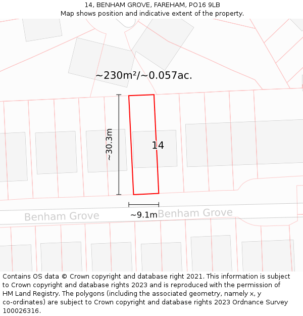 14, BENHAM GROVE, FAREHAM, PO16 9LB: Plot and title map