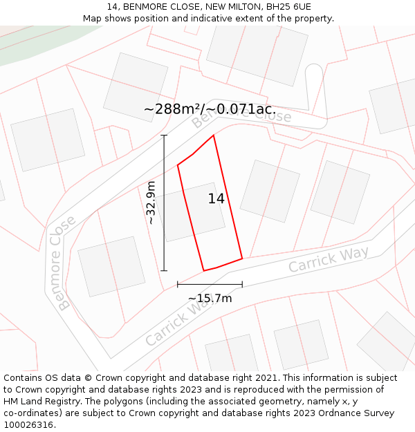 14, BENMORE CLOSE, NEW MILTON, BH25 6UE: Plot and title map
