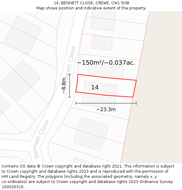 14, BENNETT CLOSE, CREWE, CW1 5HB: Plot and title map