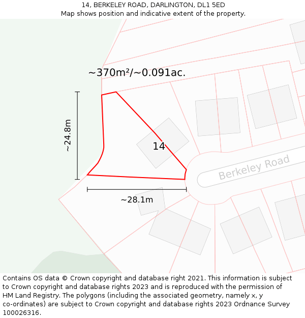 14, BERKELEY ROAD, DARLINGTON, DL1 5ED: Plot and title map
