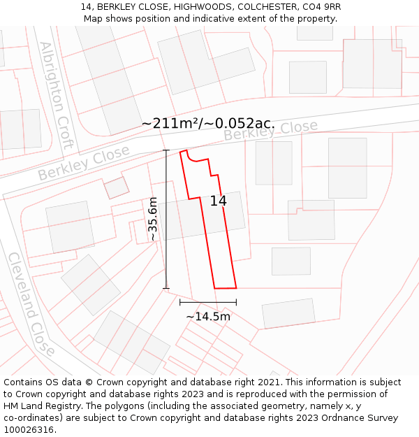 14, BERKLEY CLOSE, HIGHWOODS, COLCHESTER, CO4 9RR: Plot and title map