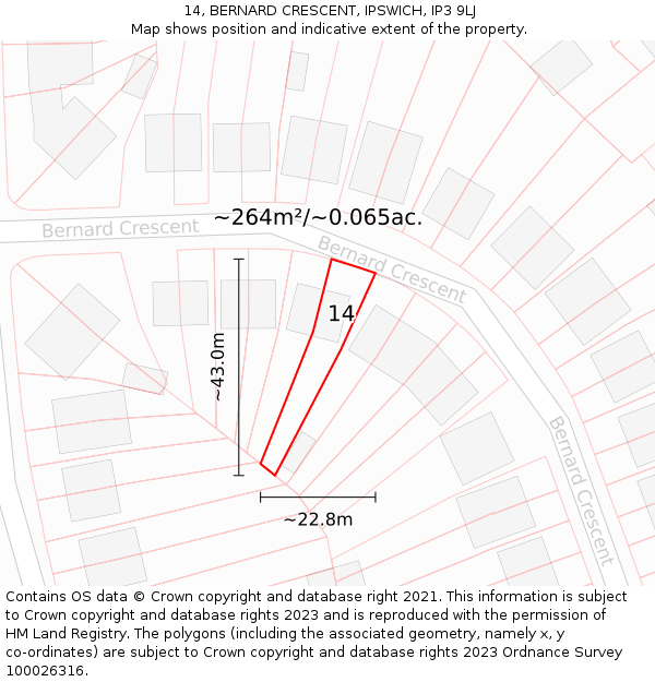14, BERNARD CRESCENT, IPSWICH, IP3 9LJ: Plot and title map
