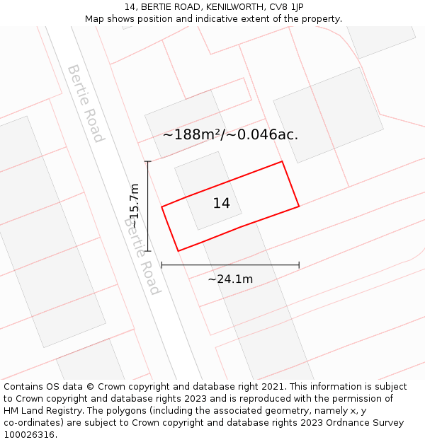14, BERTIE ROAD, KENILWORTH, CV8 1JP: Plot and title map