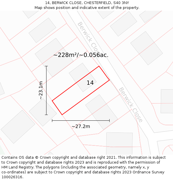 14, BERWICK CLOSE, CHESTERFIELD, S40 3NY: Plot and title map