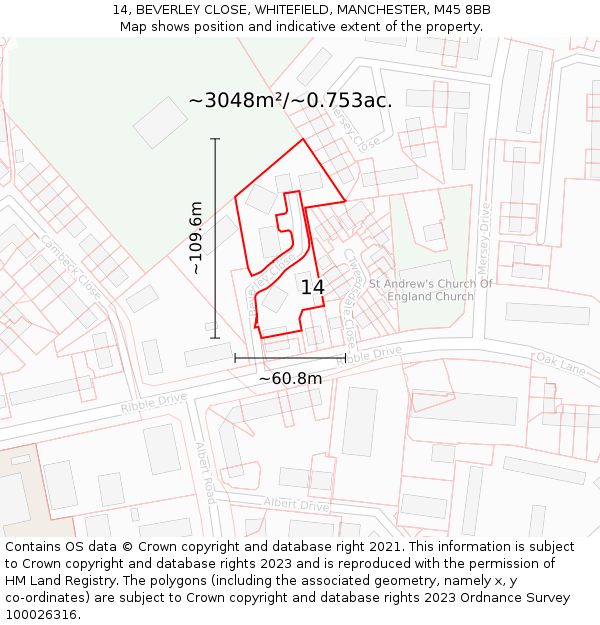 14, BEVERLEY CLOSE, WHITEFIELD, MANCHESTER, M45 8BB: Plot and title map