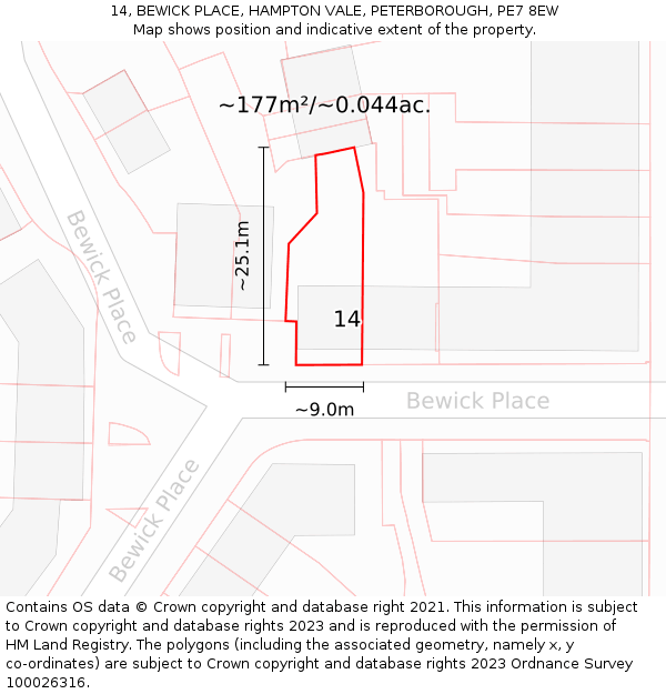 14, BEWICK PLACE, HAMPTON VALE, PETERBOROUGH, PE7 8EW: Plot and title map