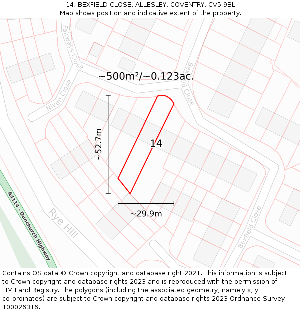 14, BEXFIELD CLOSE, ALLESLEY, COVENTRY, CV5 9BL: Plot and title map