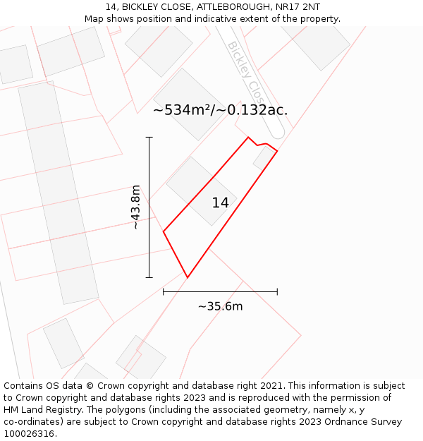 14, BICKLEY CLOSE, ATTLEBOROUGH, NR17 2NT: Plot and title map