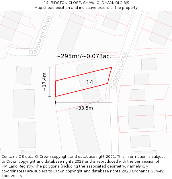 14, BIDSTON CLOSE, SHAW, OLDHAM, OL2 8JS: Plot and title map